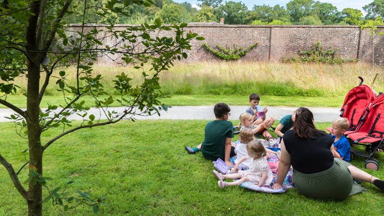 Teulu yn mwynhau picnic yn yr ardd yn Llanerchaeron, Ceredigion